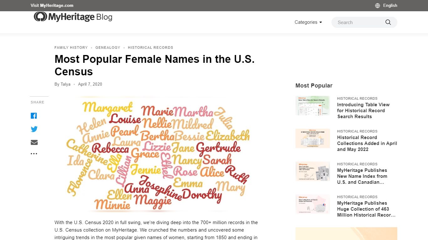 Most Popular Female Names in the U.S. Census - MyHeritage Blog